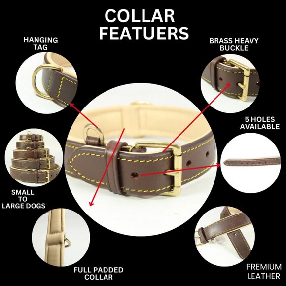 GENUINE LEATHER Dog Collar with Heavy Duty Adjustable Padded Collar - Picture 7 of 8